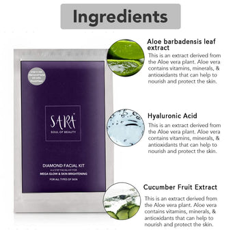 SARA 6 -Step Diamond Facial Kit Infused with Aloe Vera & Cucumbur Fruit Extract | Perfect For Tan Removal & Brightening Skin, 62 gm